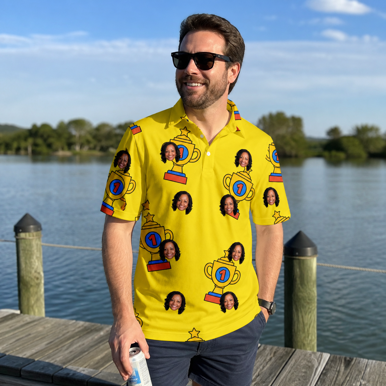 Real-life photo of someone wearing Men's Father’s Day Dynasty Custom Face Polo Shirt — custom faces printed all-over