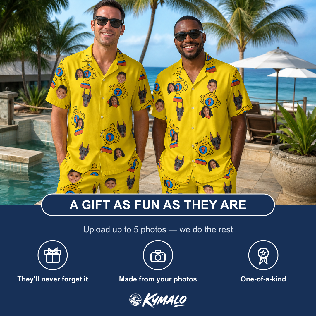Friends in matching Men's Father’s Day Dynasty Custom Face Shirt & Shorts Set — a group gift photo