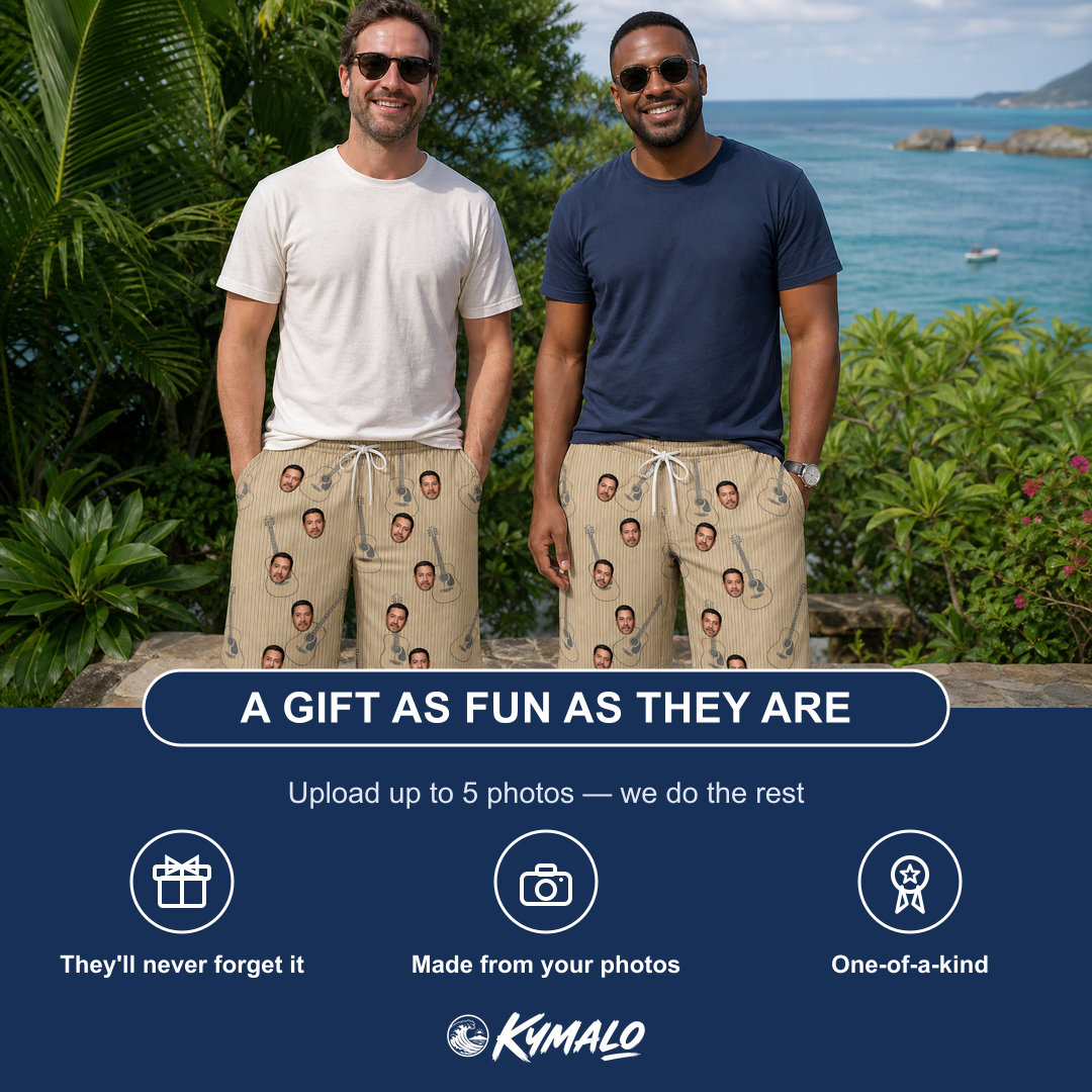 Friends in matching Men's Strum Supreme Custom Face Beach Shorts — a group gift photo