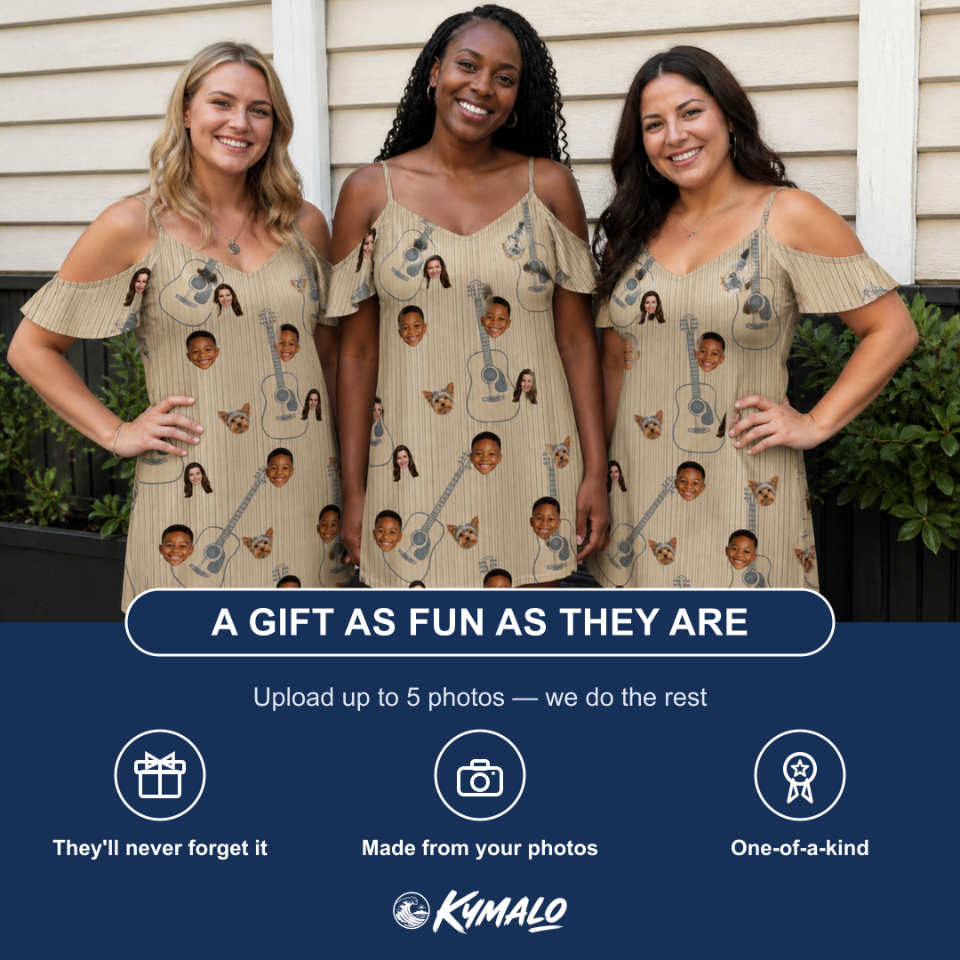 Friends in matching Women's Strum Supreme Custom Face Off-Shoulder Dress — a group gift photo