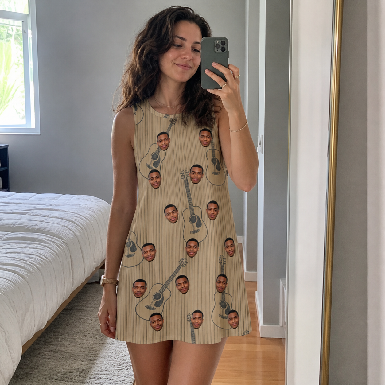 Real-life photo of someone wearing Women's Strum Supreme Custom Face Tank Dress — custom faces printed all-over