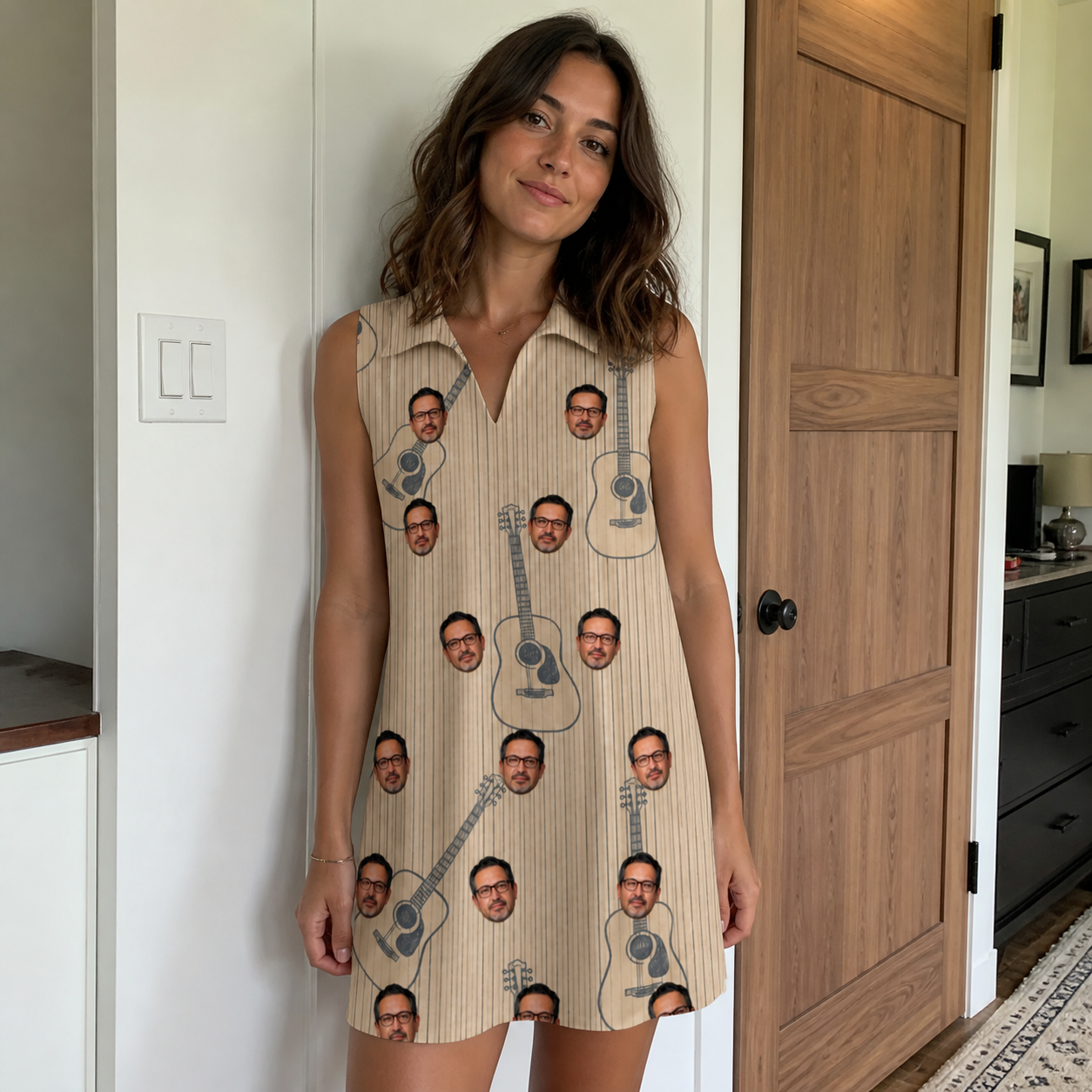 Real-life photo of someone wearing Women's Strum Supreme Custom Face V-Neck Dress — custom faces printed all-over
