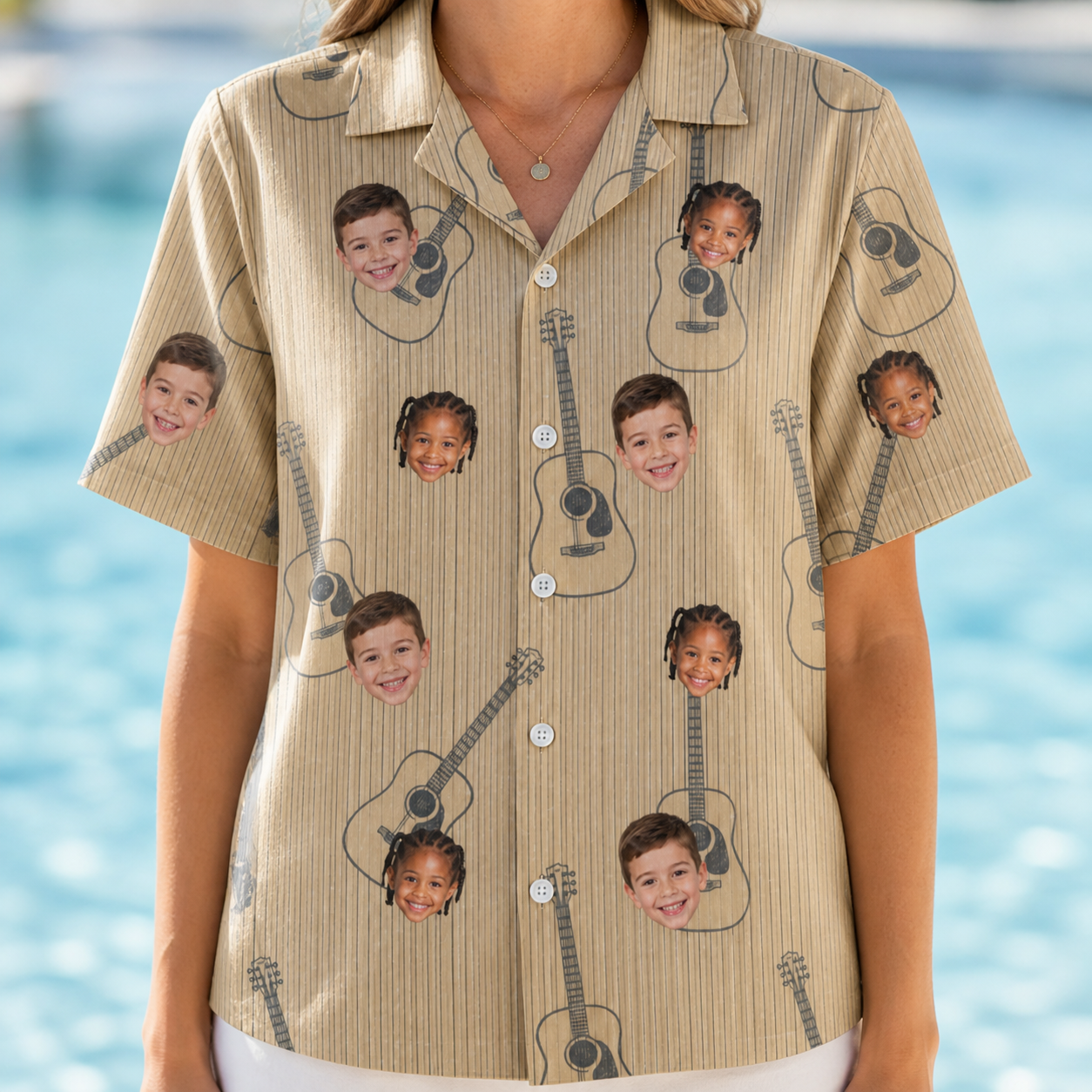 Model wearing Women's Strum Supreme Custom Face Hawaiian Shirt printed with kids' faces