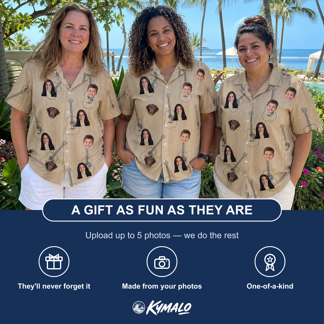 Friends in matching Women's Strum Supreme Custom Face Hawaiian Shirt — a group gift photo