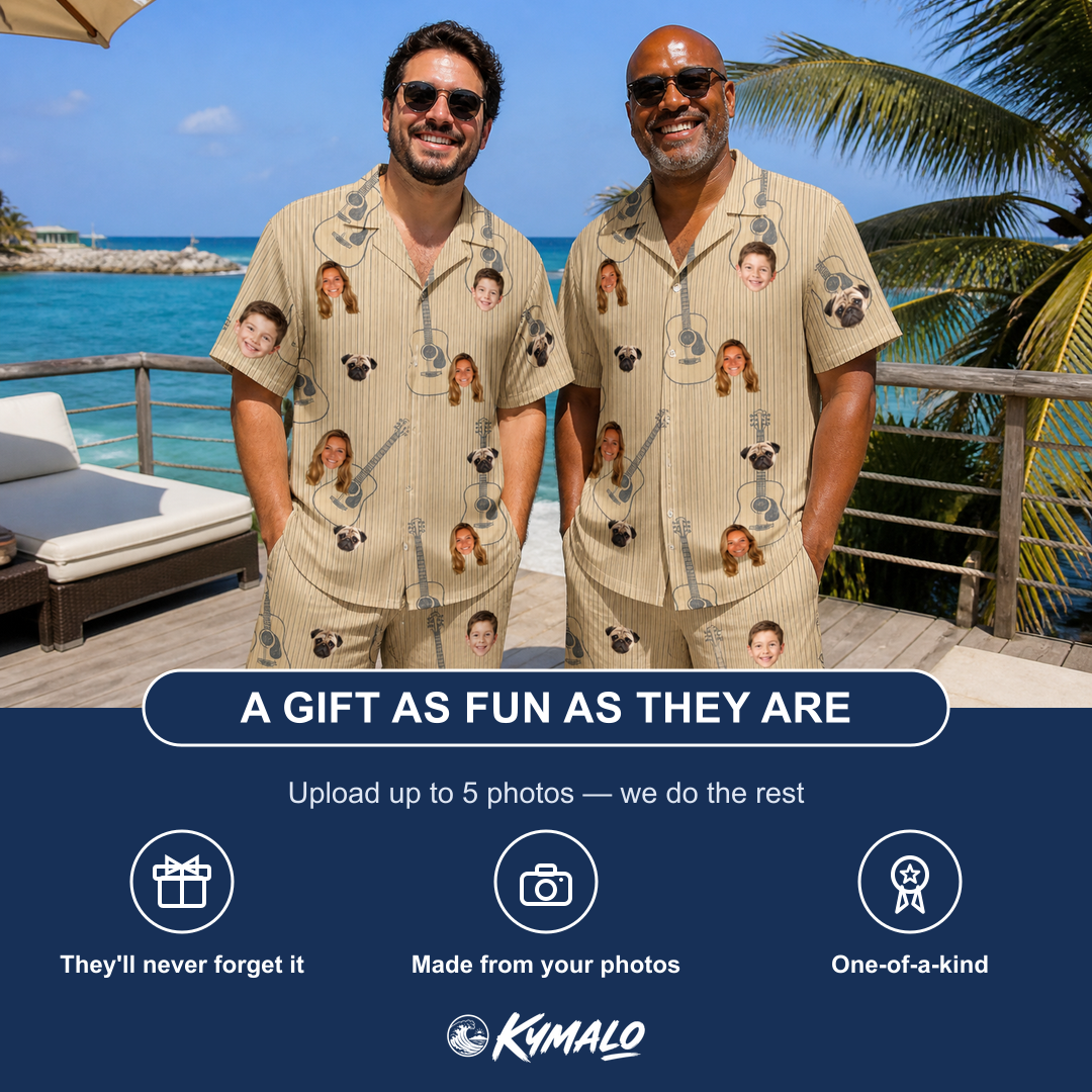 Friends in matching Men's Strum Supreme Custom Face Shirt & Shorts Set — a group gift photo