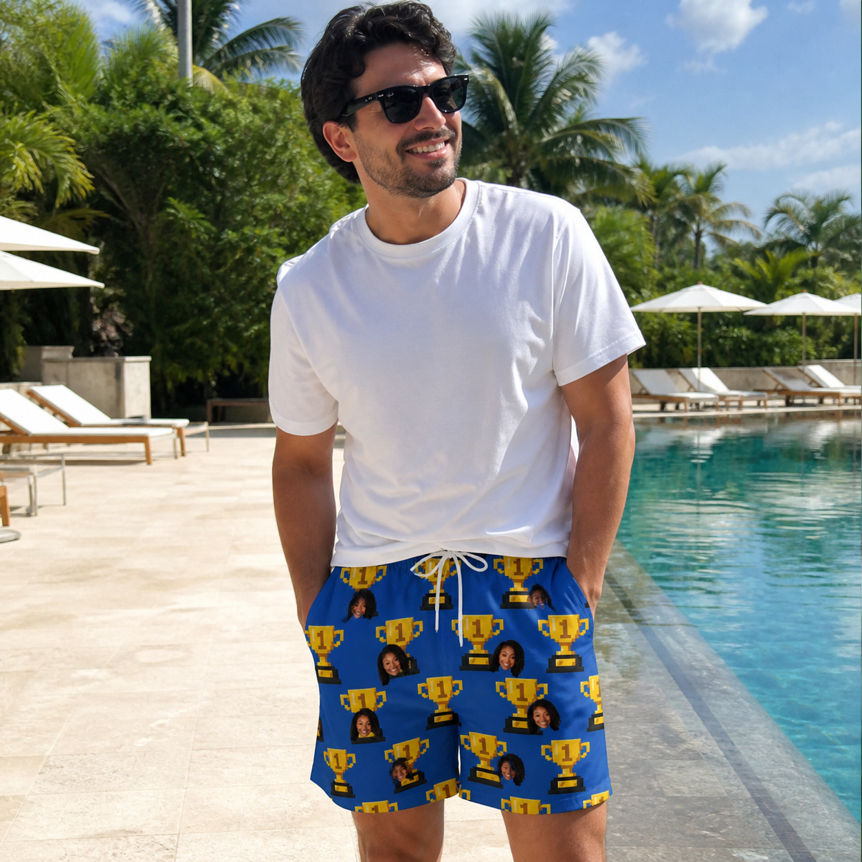 Real-life photo of someone wearing Men's Number One Custom Face Beach Shorts — custom faces printed all-over