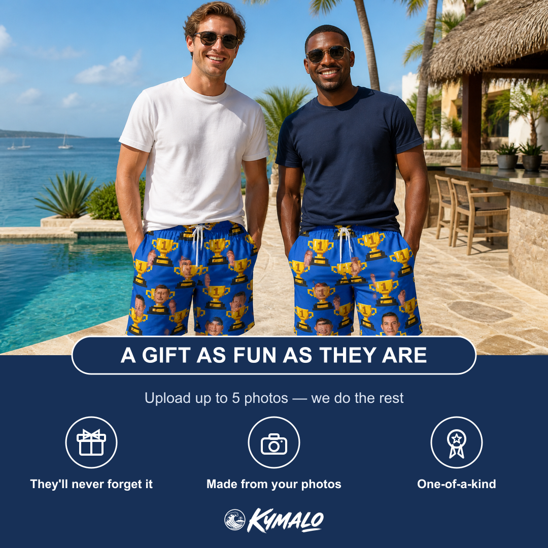 Friends in matching Men's Number One Custom Face Beach Shorts — a group gift photo
