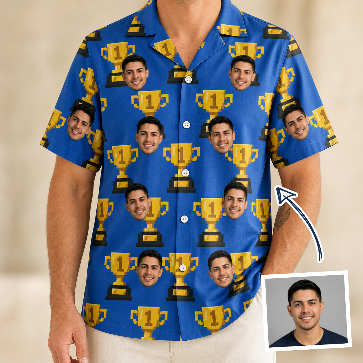 Man wearing Men's Number One Custom Face Hawaiian Shirt — custom faces printed all-over
