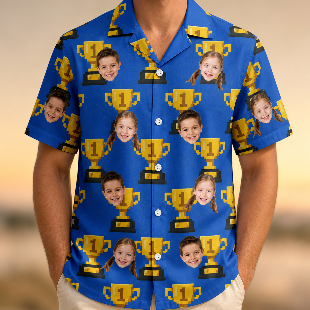 Model wearing Men's Number One Custom Face Hawaiian Shirt printed with kids' faces