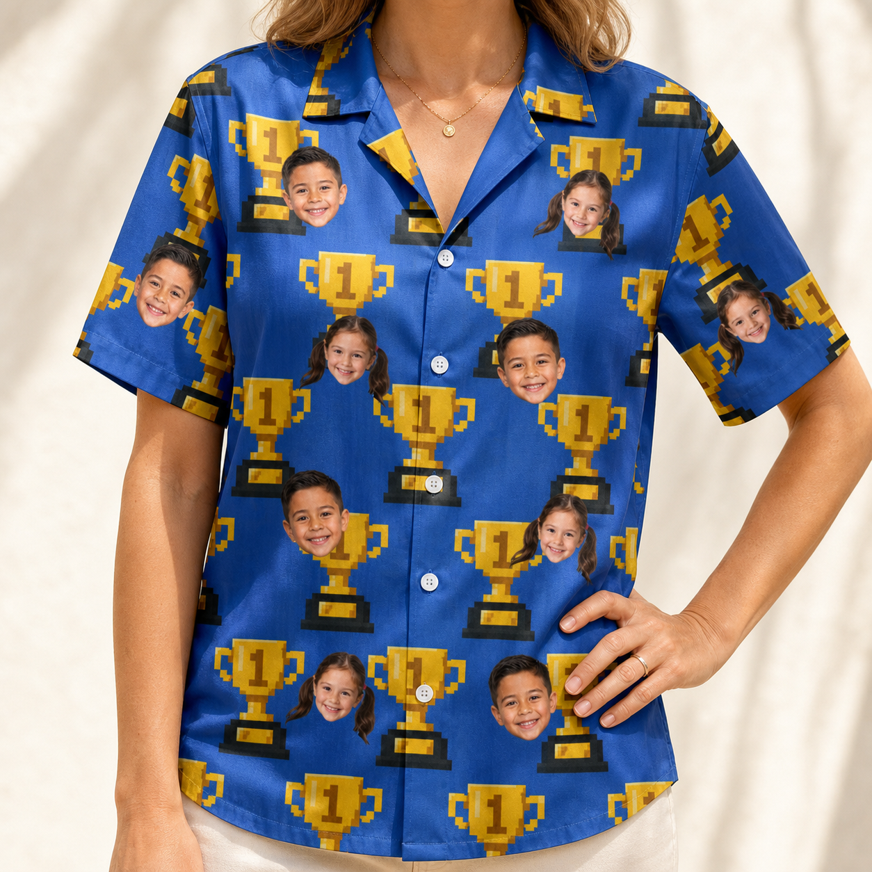 Model wearing Funny Number One Dad Trophies Custom Face Hawaiian Shirt for Women printed with kids' faces