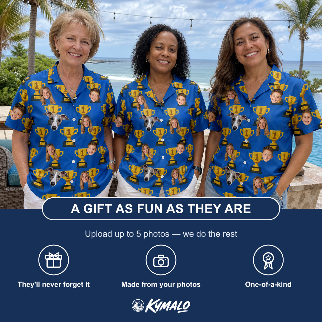 Friends in matching Funny Number One Dad Trophies Custom Face Hawaiian Shirt for Women — a group gift photo