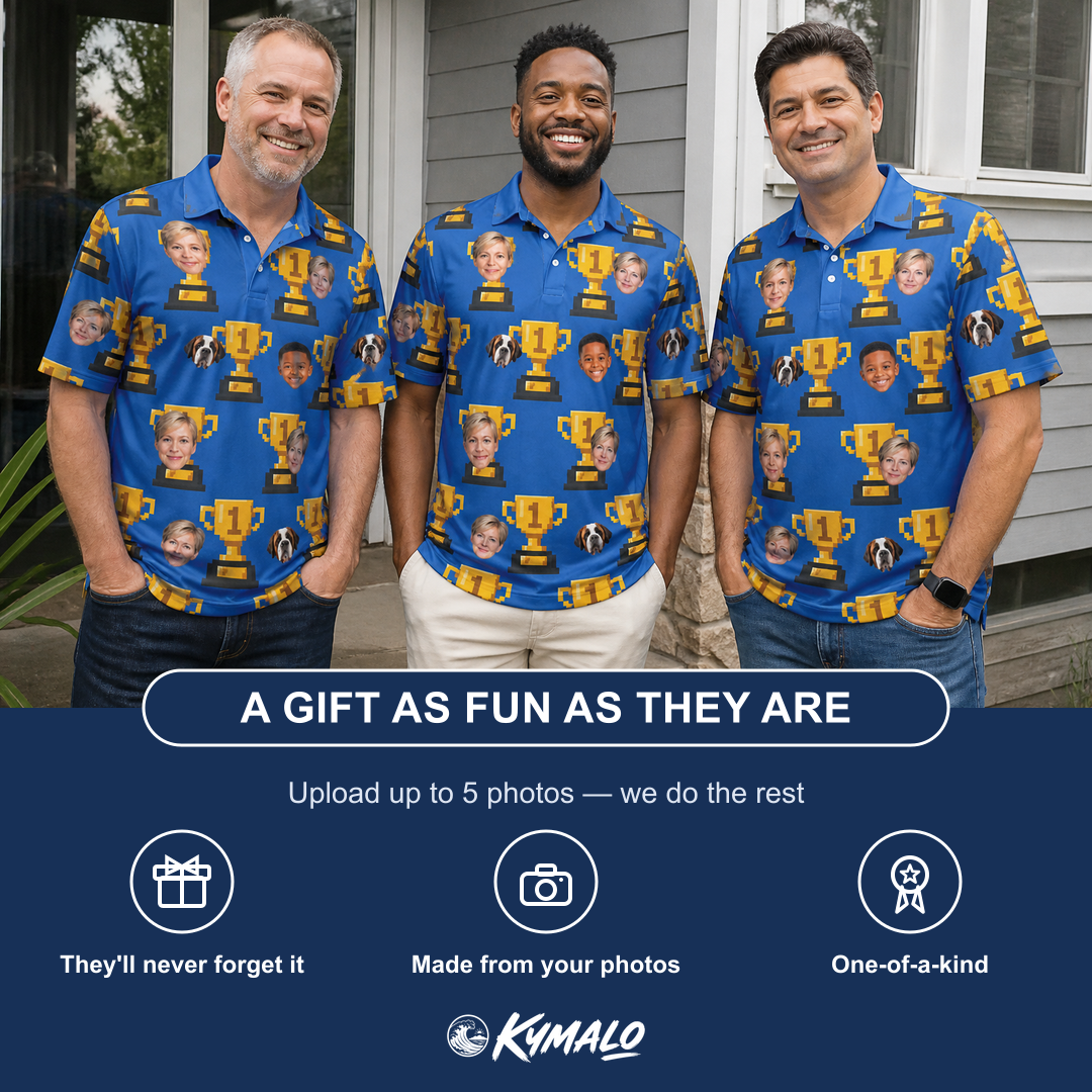 Friends in matching Men's Number One Custom Face Polo Shirt — a group gift photo