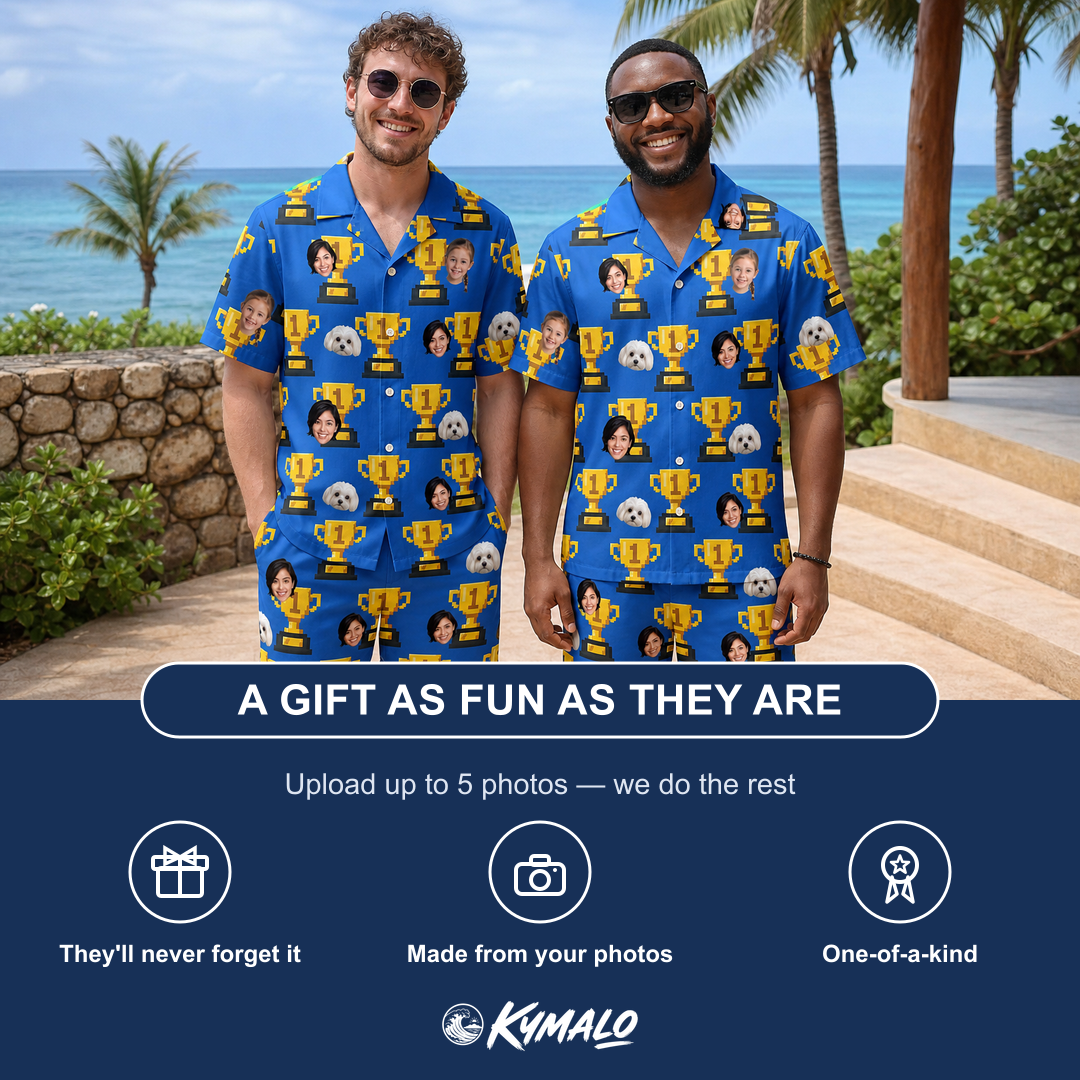 Friends in matching Men's Number One Custom Face Shirt & Shorts Set — a group gift photo