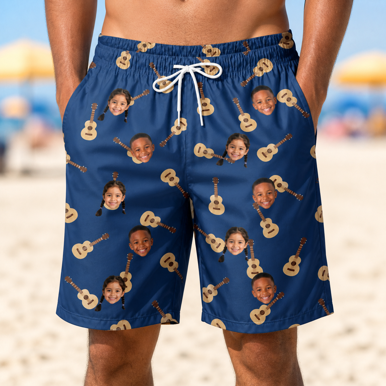 Model wearing Funny Acoustic Guitars Custom Face Beach Shorts for Men printed with kids' faces