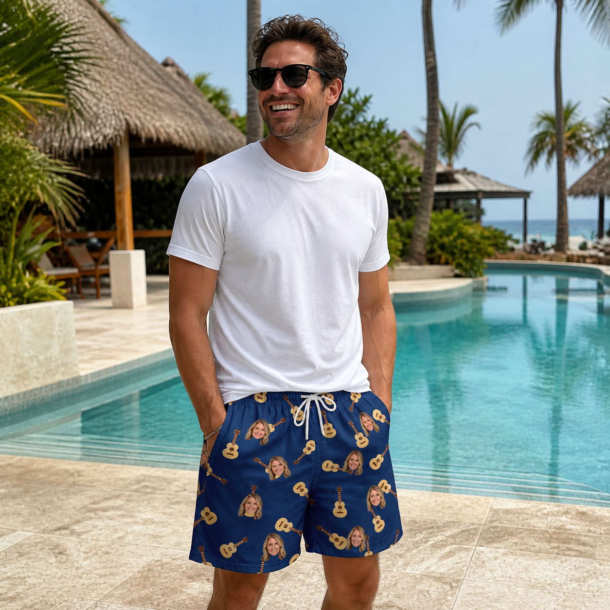 Real-life photo of someone wearing Funny Acoustic Guitars Custom Face Beach Shorts for Men — custom faces printed all-over