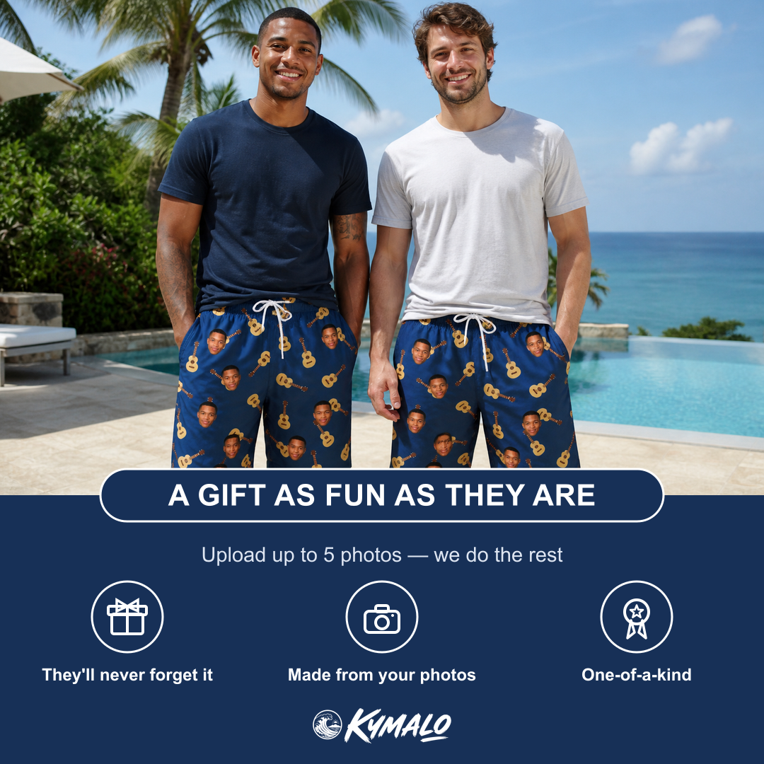 Friends in matching Funny Acoustic Guitars Custom Face Beach Shorts for Men — a group gift photo