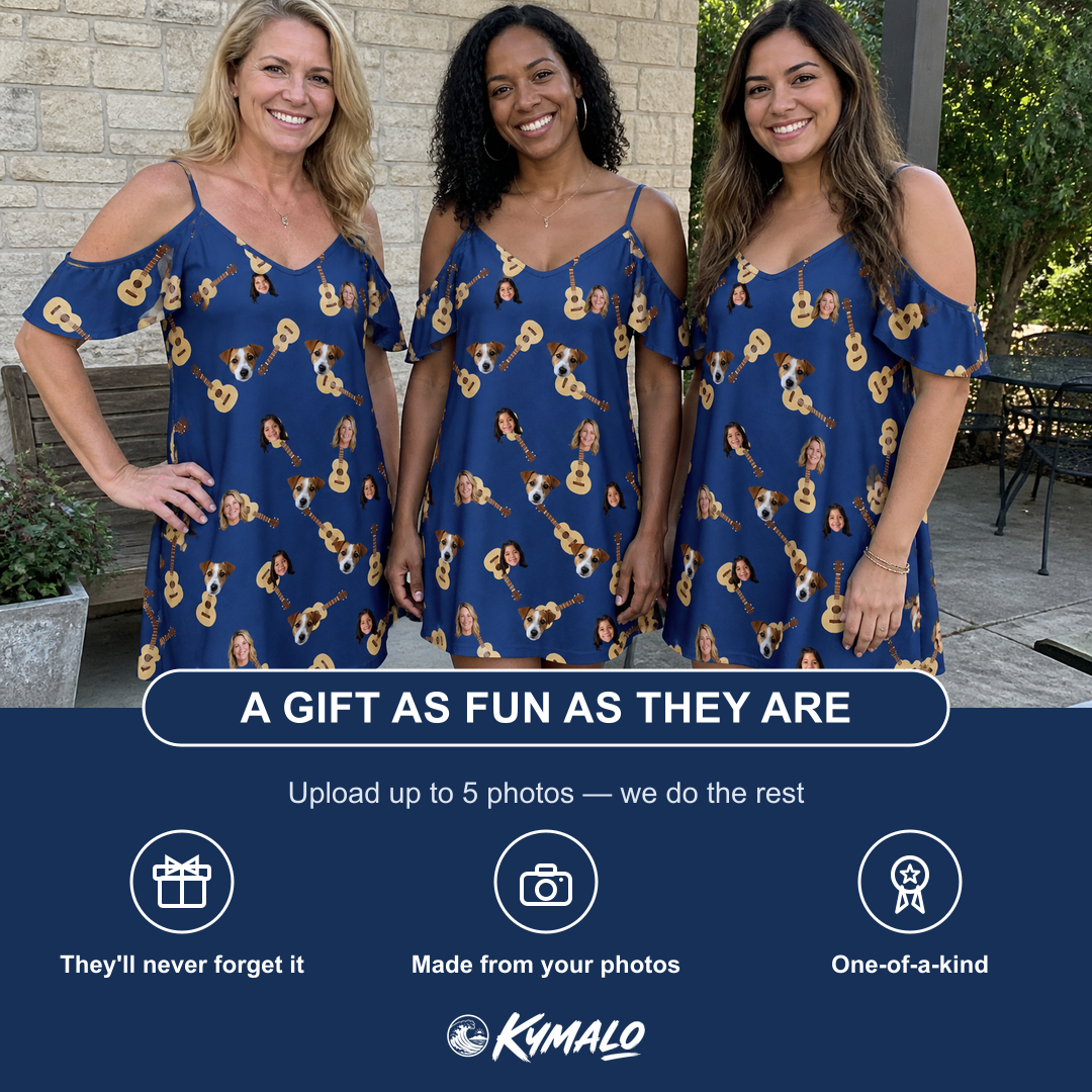 Friends in matching Women's Father Fretwork Custom Face Off-Shoulder Dress — a group gift photo