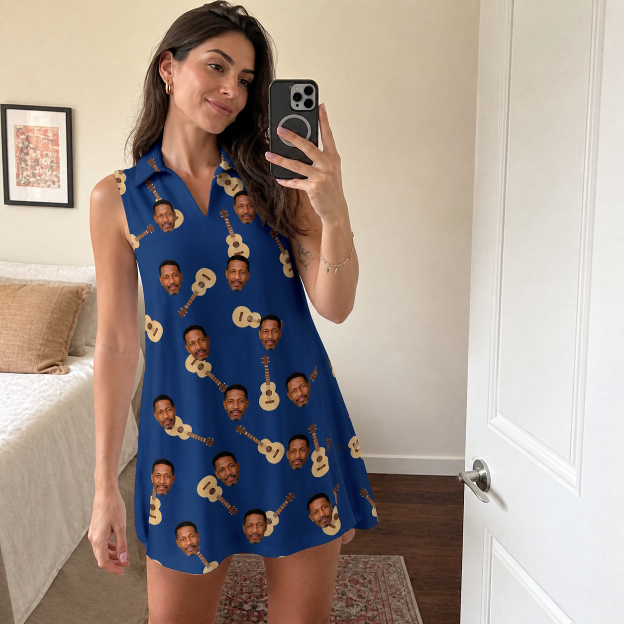Real-life photo of someone wearing Women's Father Fretwork Custom Face V-Neck Dress — custom faces printed all-over