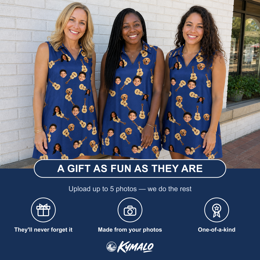 Friends in matching Women's Father Fretwork Custom Face V-Neck Dress — a group gift photo