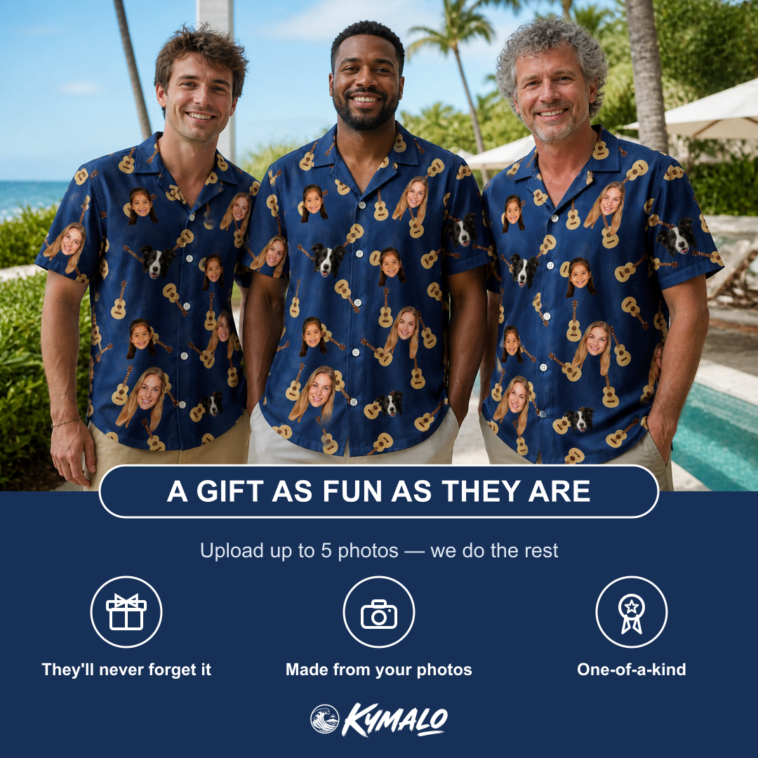 Friends in matching Men's Father Fretwork Custom Face Hawaiian Shirt — a group gift photo