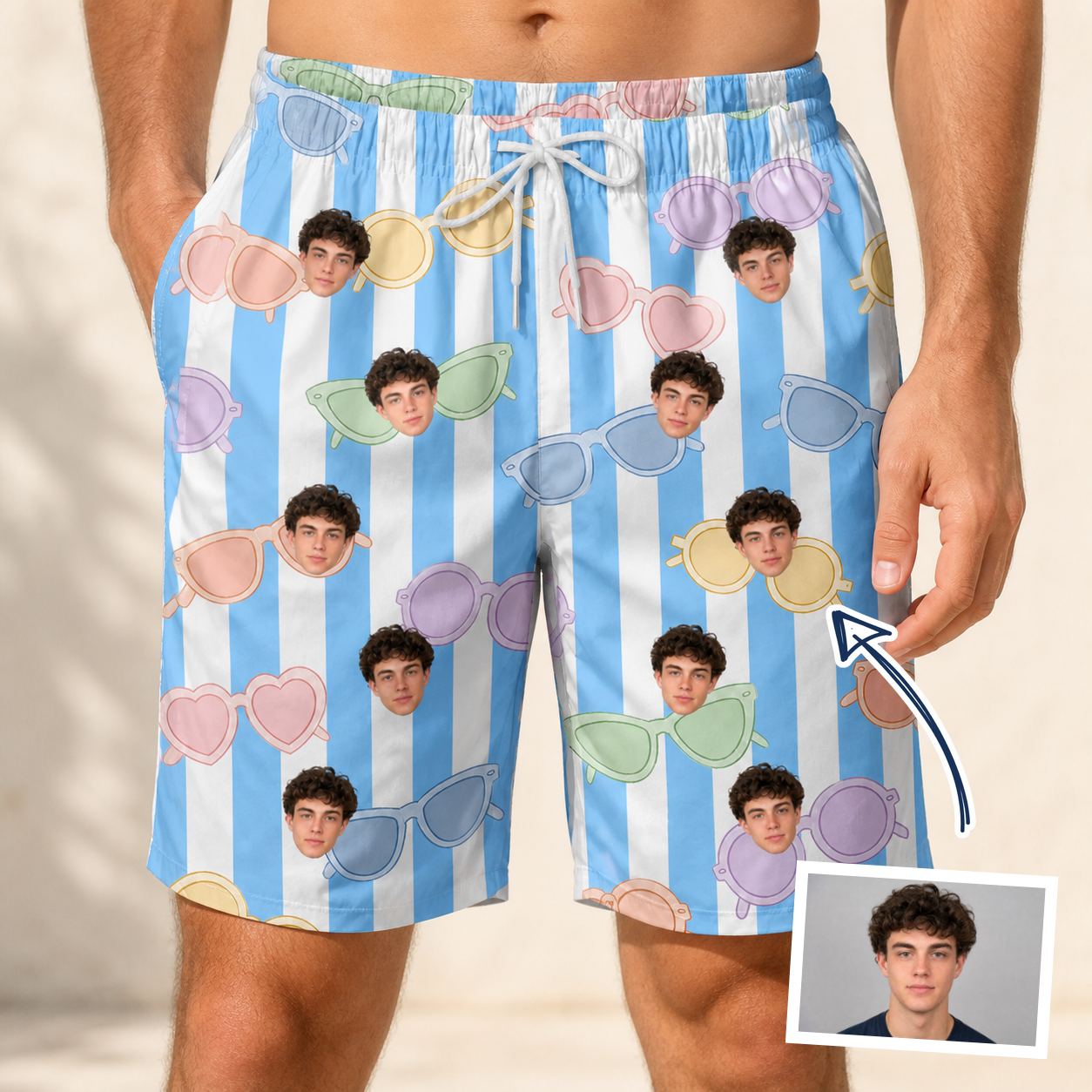 Man wearing Men's Papa Polarizers Custom Face Beach Shorts — custom faces printed all-over