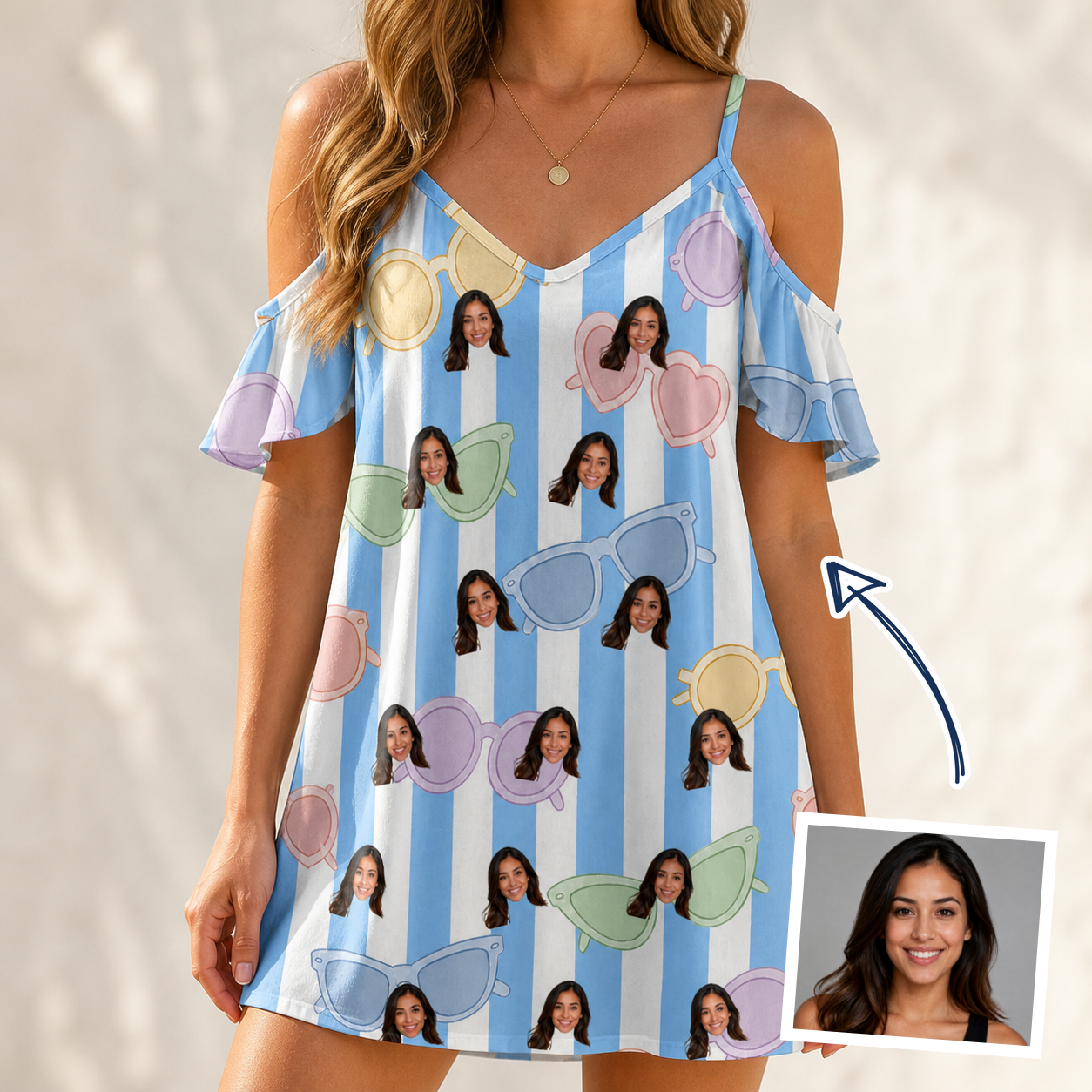 Woman wearing Women's Papa Polarizers Custom Face Off-Shoulder Dress — custom faces printed all-over