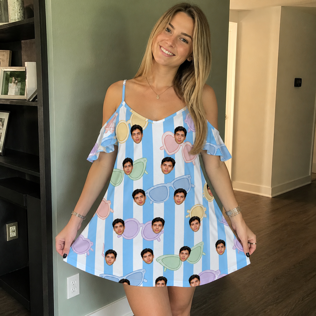Real-life photo of someone wearing Women's Papa Polarizers Custom Face Off-Shoulder Dress — custom faces printed all-over