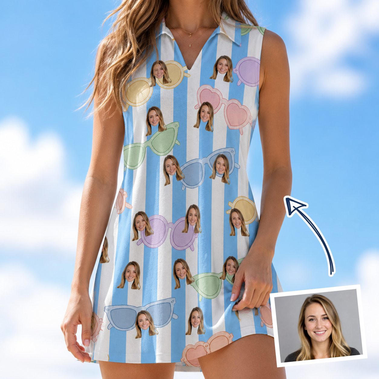 Woman wearing Women's Papa Polarizers Custom Face V-Neck Dress — custom faces printed all-over