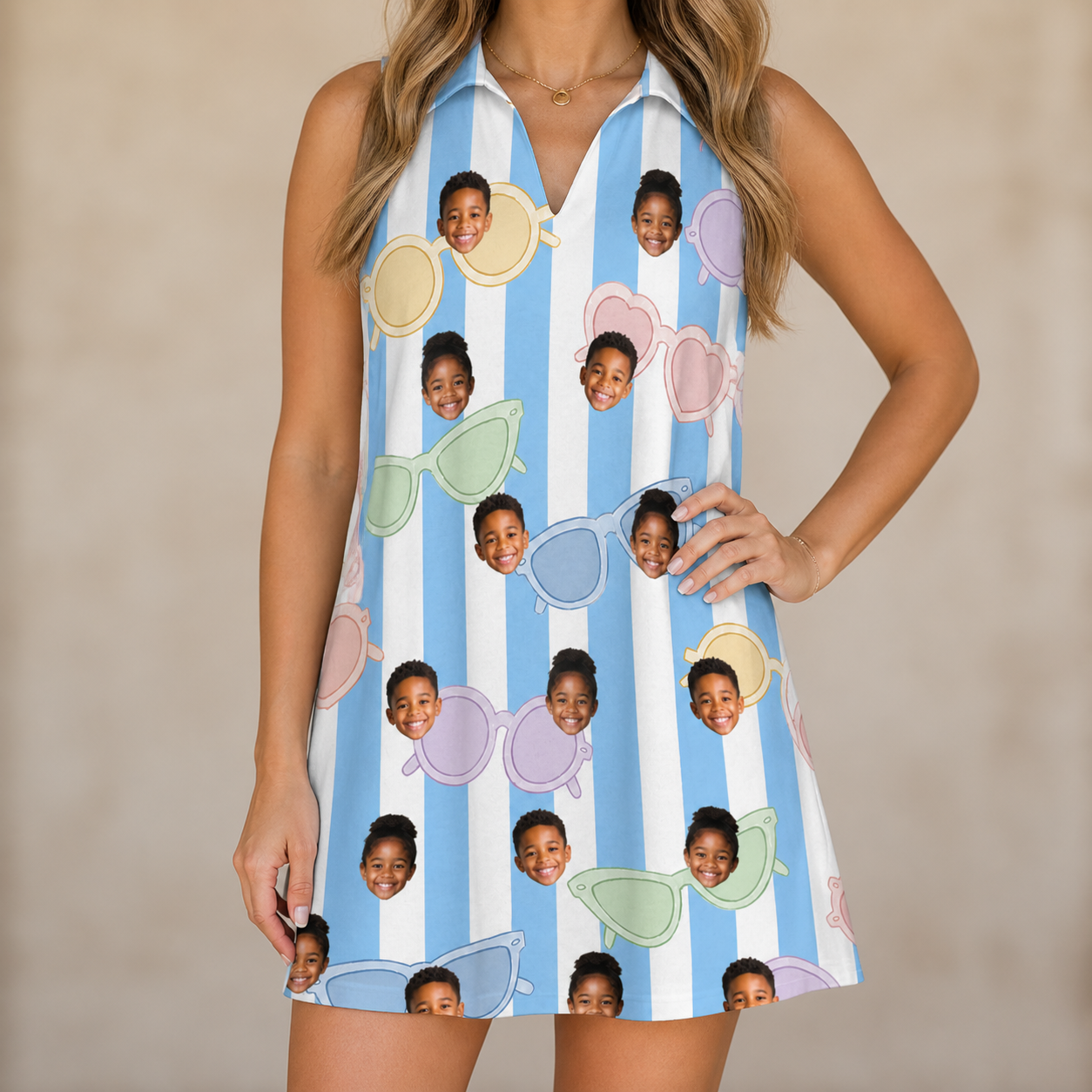 Model wearing Women's Papa Polarizers Custom Face V-Neck Dress printed with kids' faces