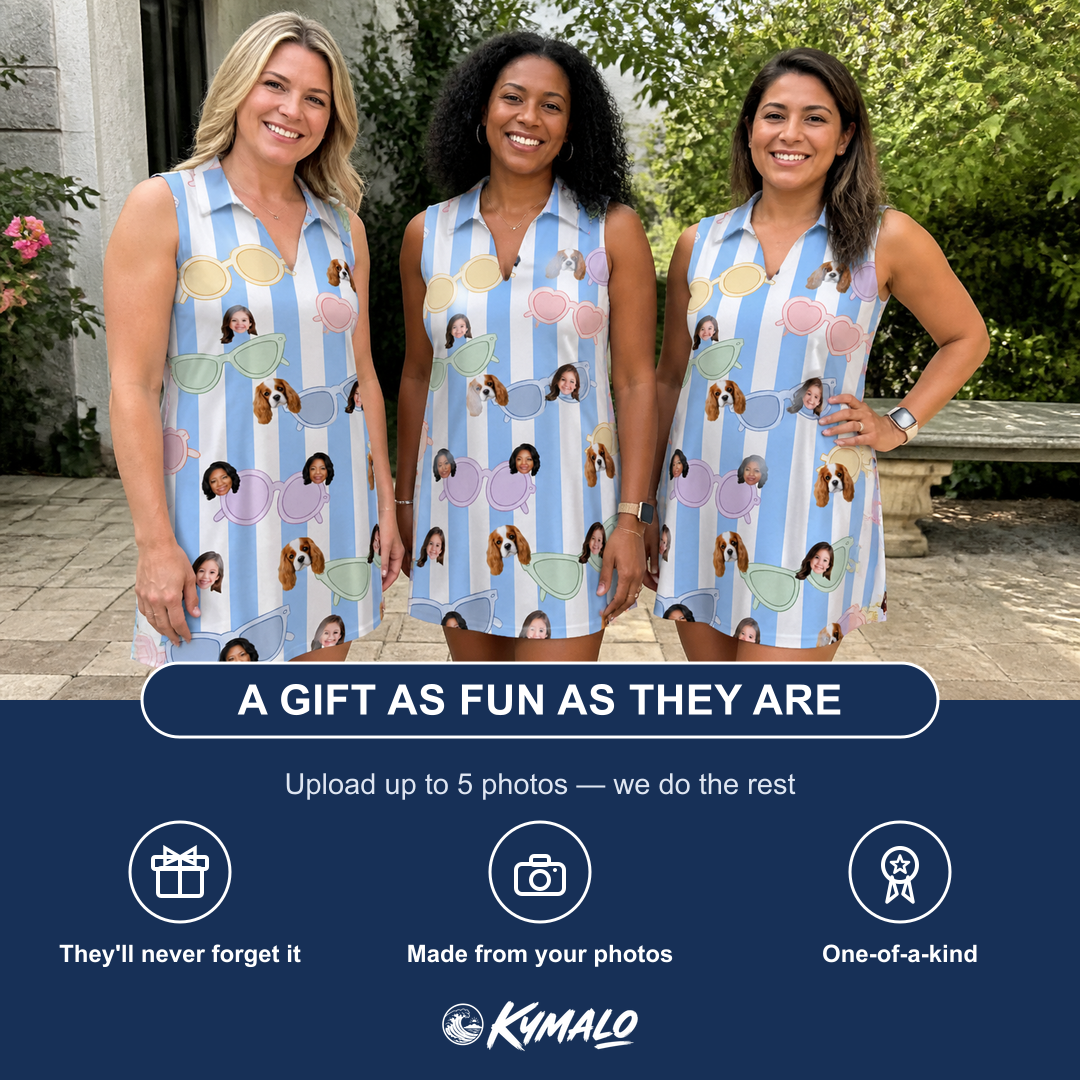 Friends in matching Women's Papa Polarizers Custom Face V-Neck Dress — a group gift photo