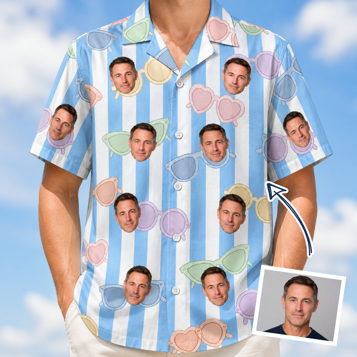 Man wearing Men's Papa Polarizers Custom Face Hawaiian Shirt — custom faces printed all-over