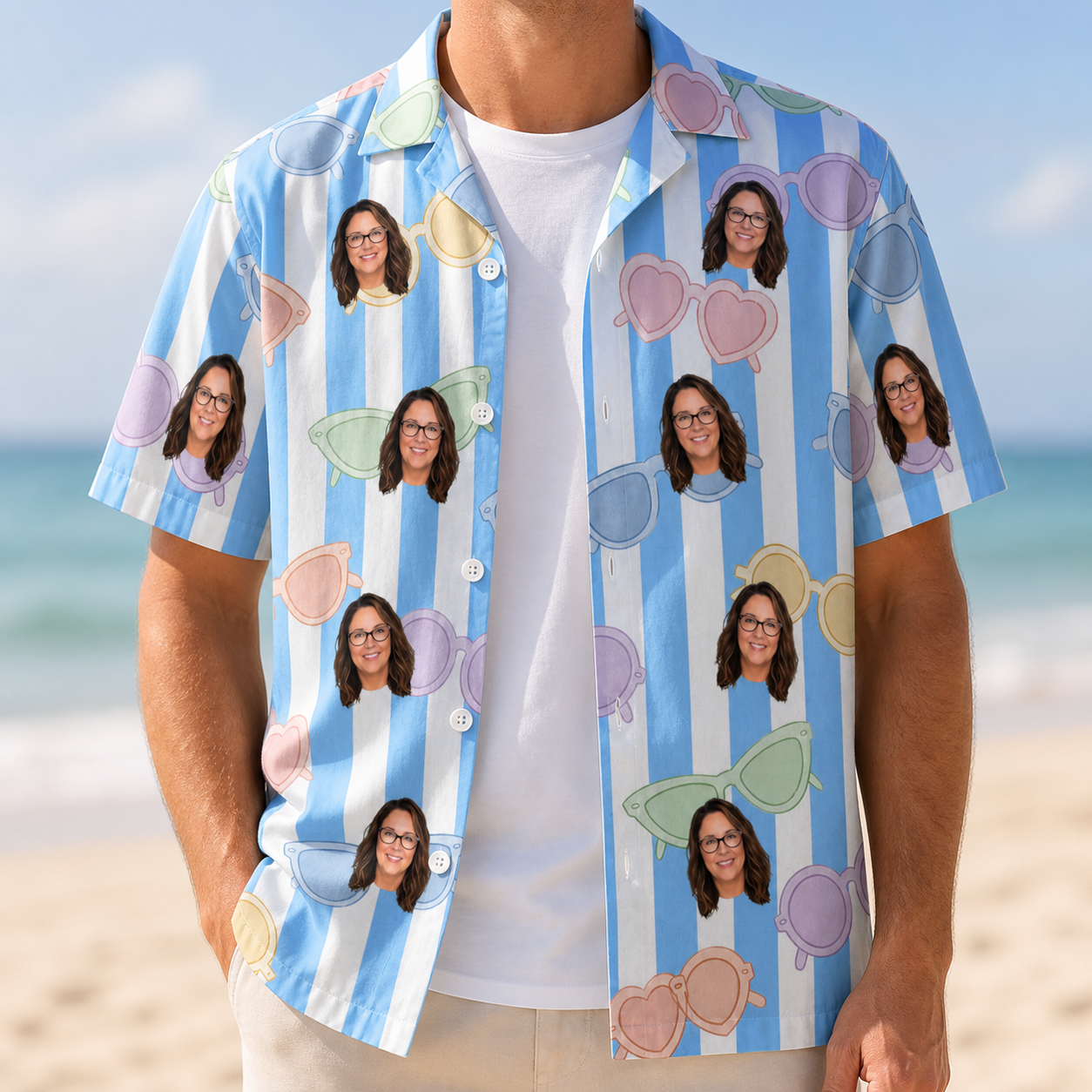Man wearing Men's Papa Polarizers Custom Face Hawaiian Shirt open over a white tee