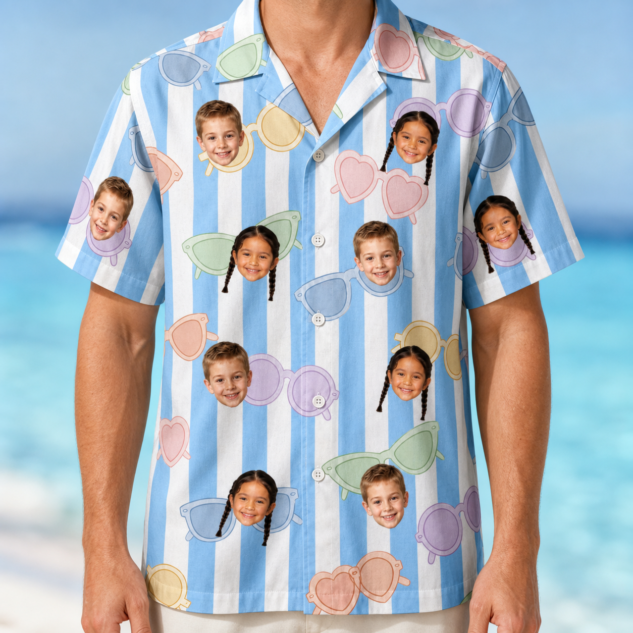 Model wearing Men's Papa Polarizers Custom Face Hawaiian Shirt printed with kids' faces