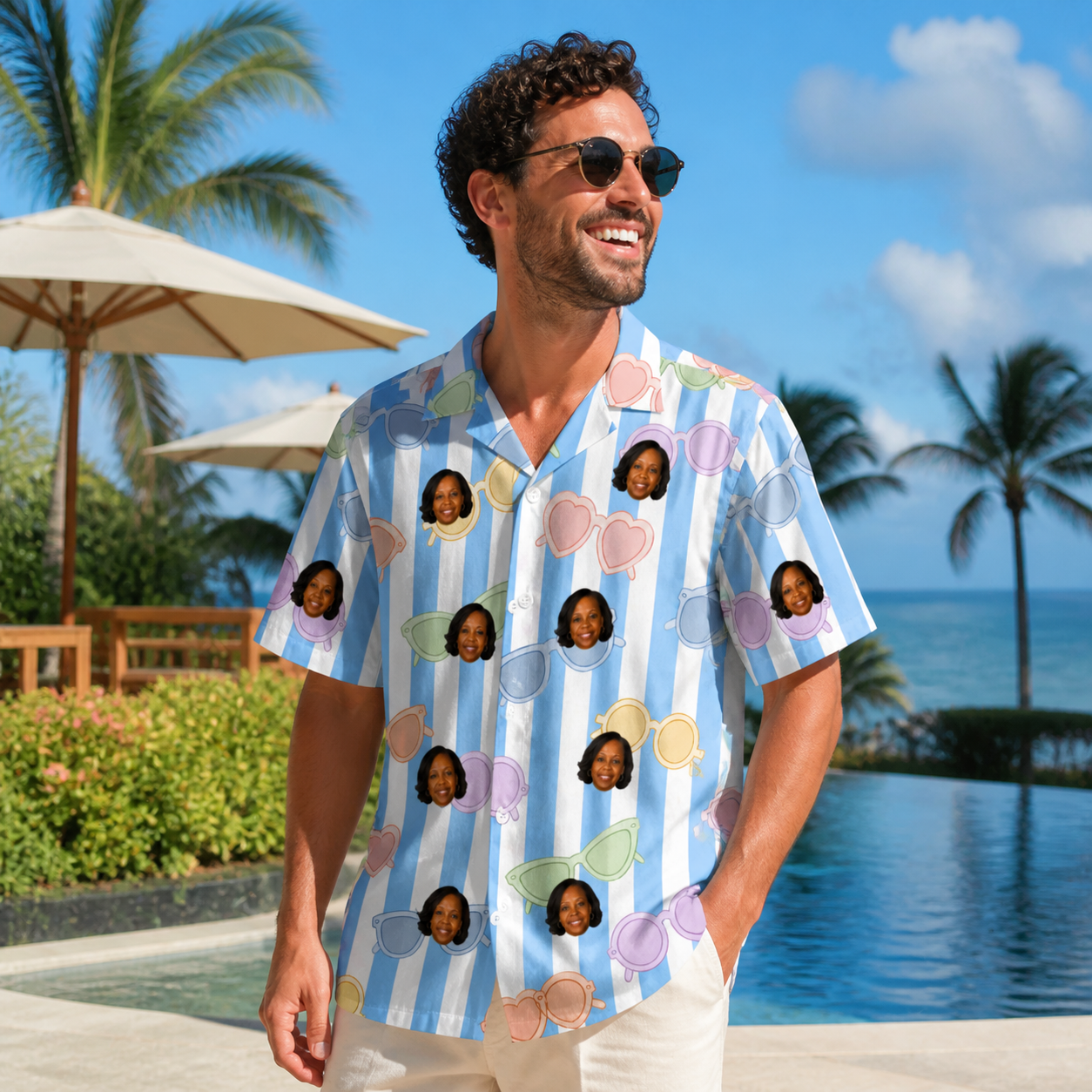 Real-life photo of someone wearing Men's Papa Polarizers Custom Face Hawaiian Shirt — custom faces printed all-over