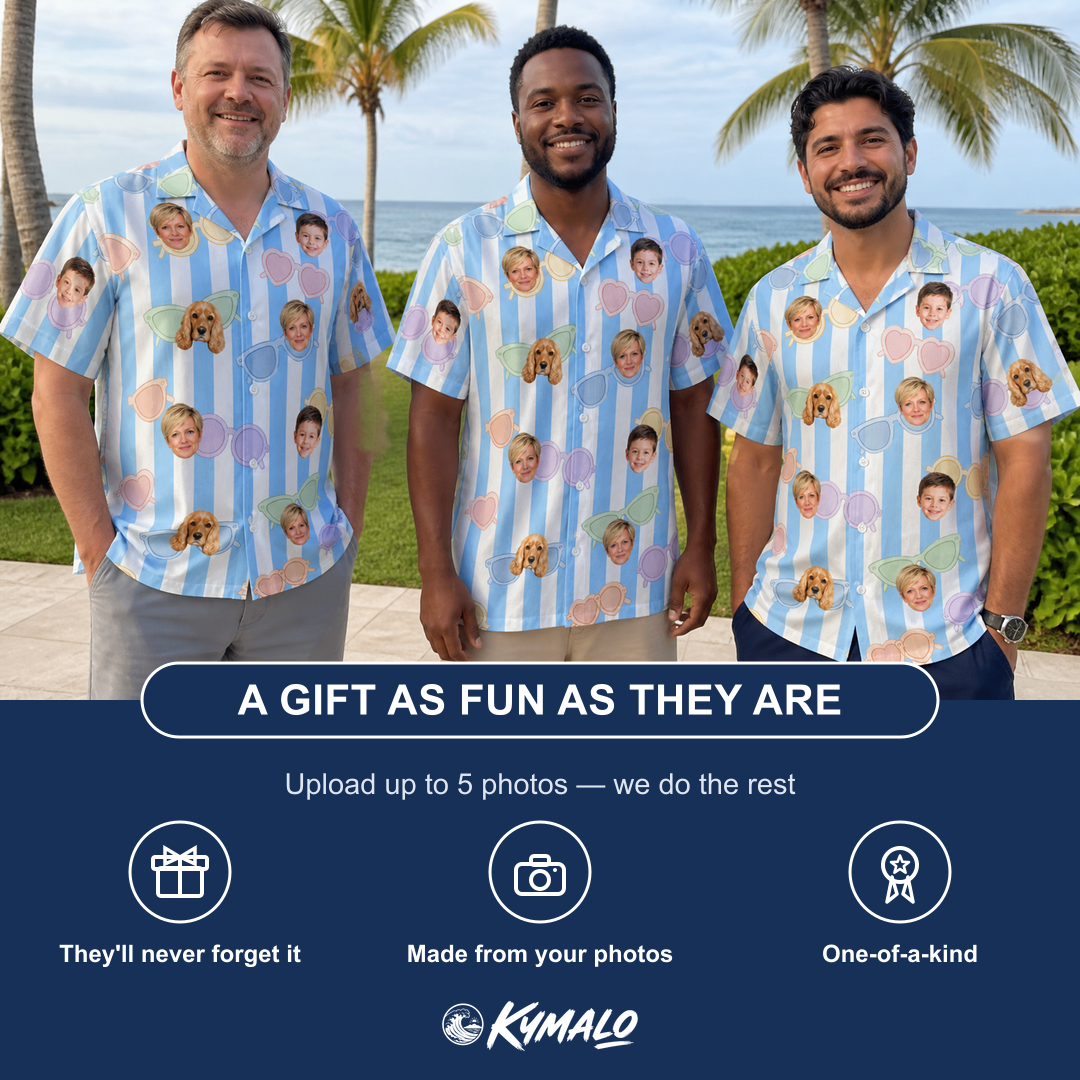 Friends in matching Men's Papa Polarizers Custom Face Hawaiian Shirt — a group gift photo