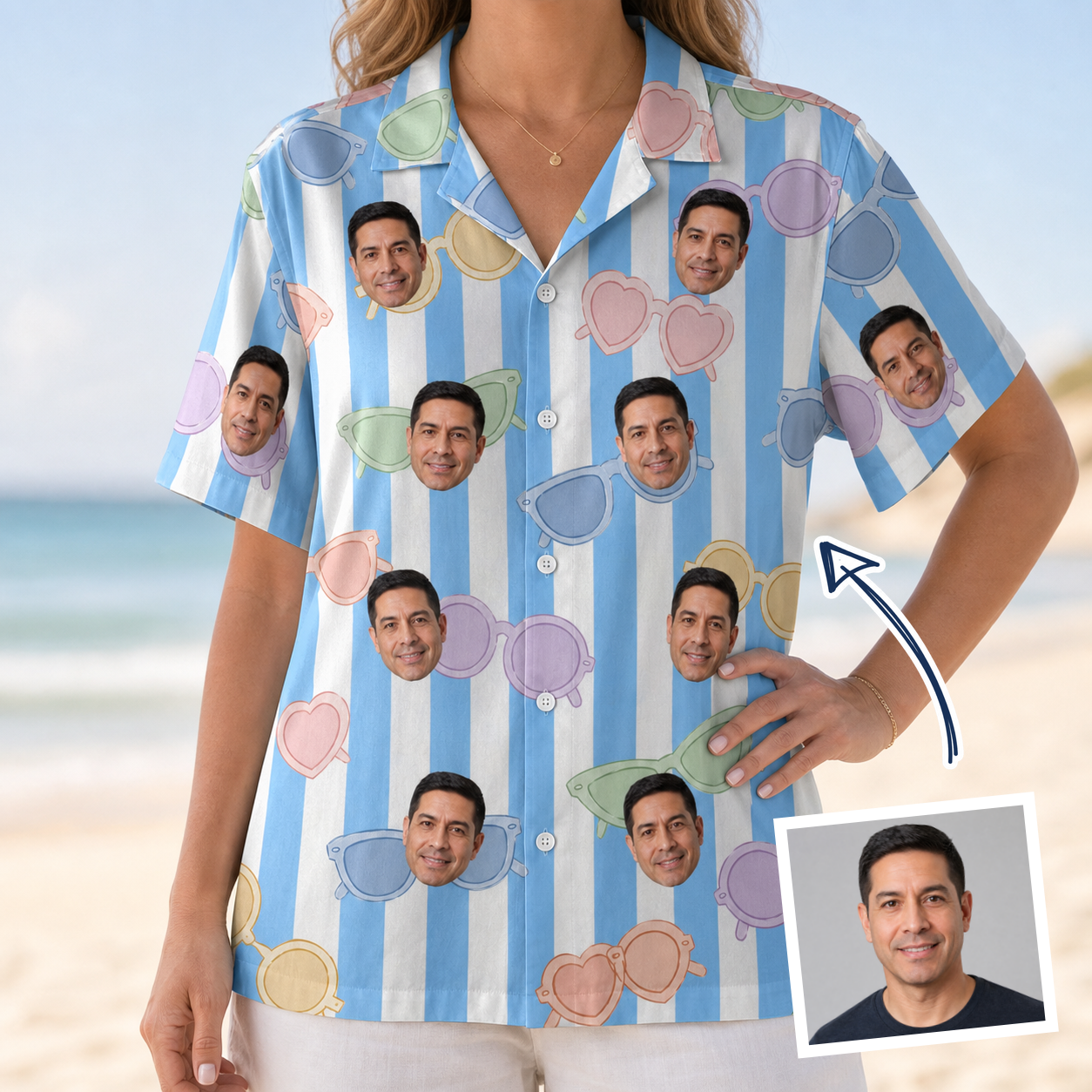 Woman wearing Women's Papa Polarizers Custom Face Hawaiian Shirt — custom faces printed all-over