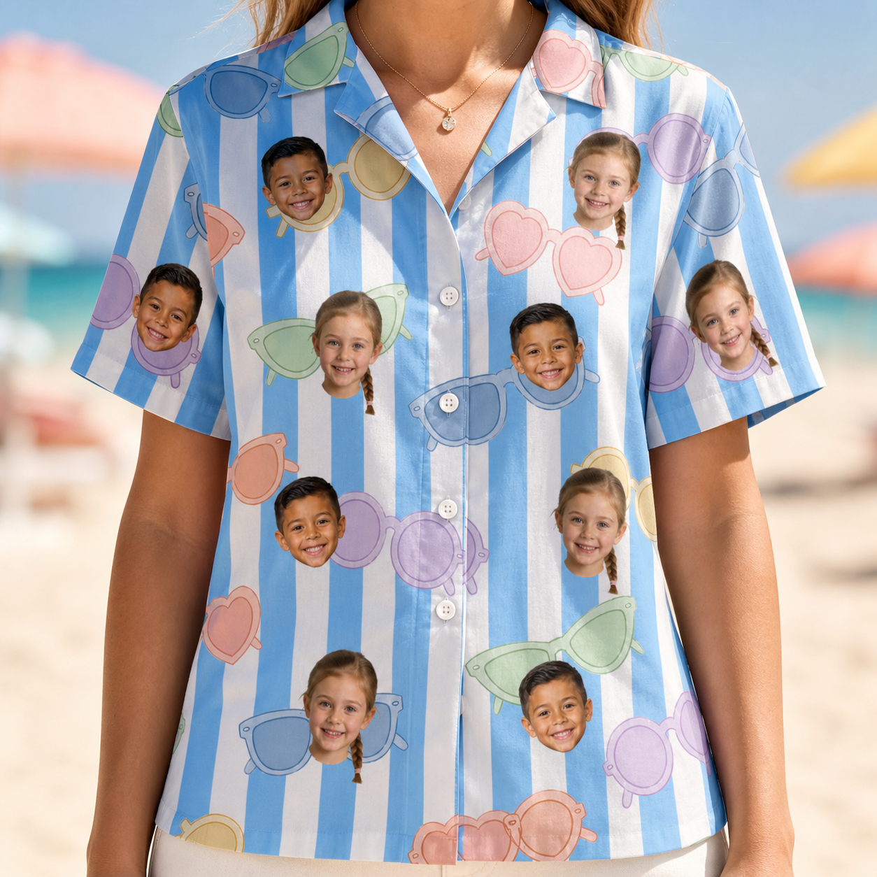 Model wearing Women's Papa Polarizers Custom Face Hawaiian Shirt printed with kids' faces