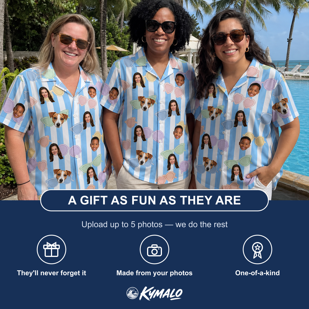 Friends in matching Women's Papa Polarizers Custom Face Hawaiian Shirt — a group gift photo