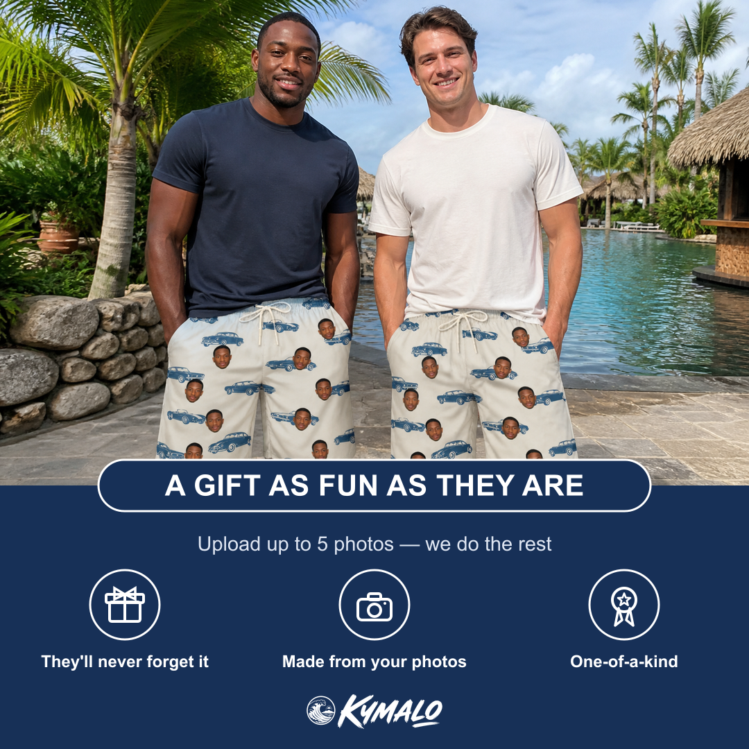 Friends in matching Men's Piston Pride Custom Face Beach Shorts — a group gift photo