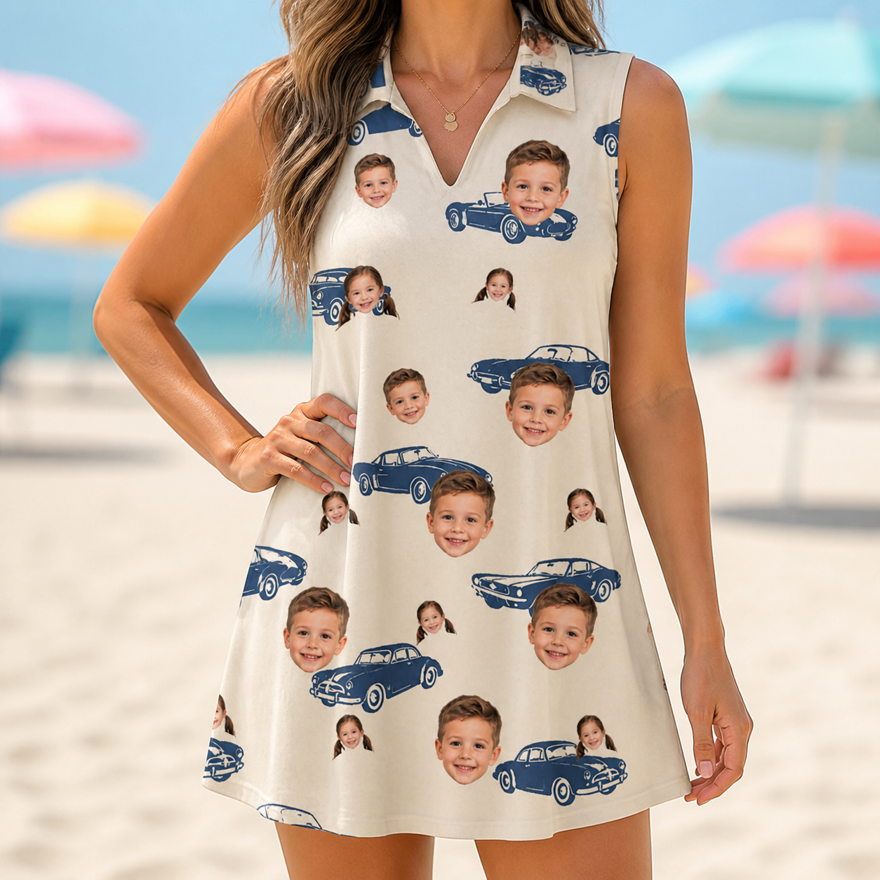 Model wearing Women's Piston Pride Custom Face V-Neck Dress printed with kids' faces