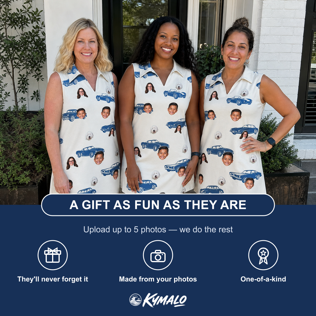 Friends in matching Women's Piston Pride Custom Face V-Neck Dress — a group gift photo