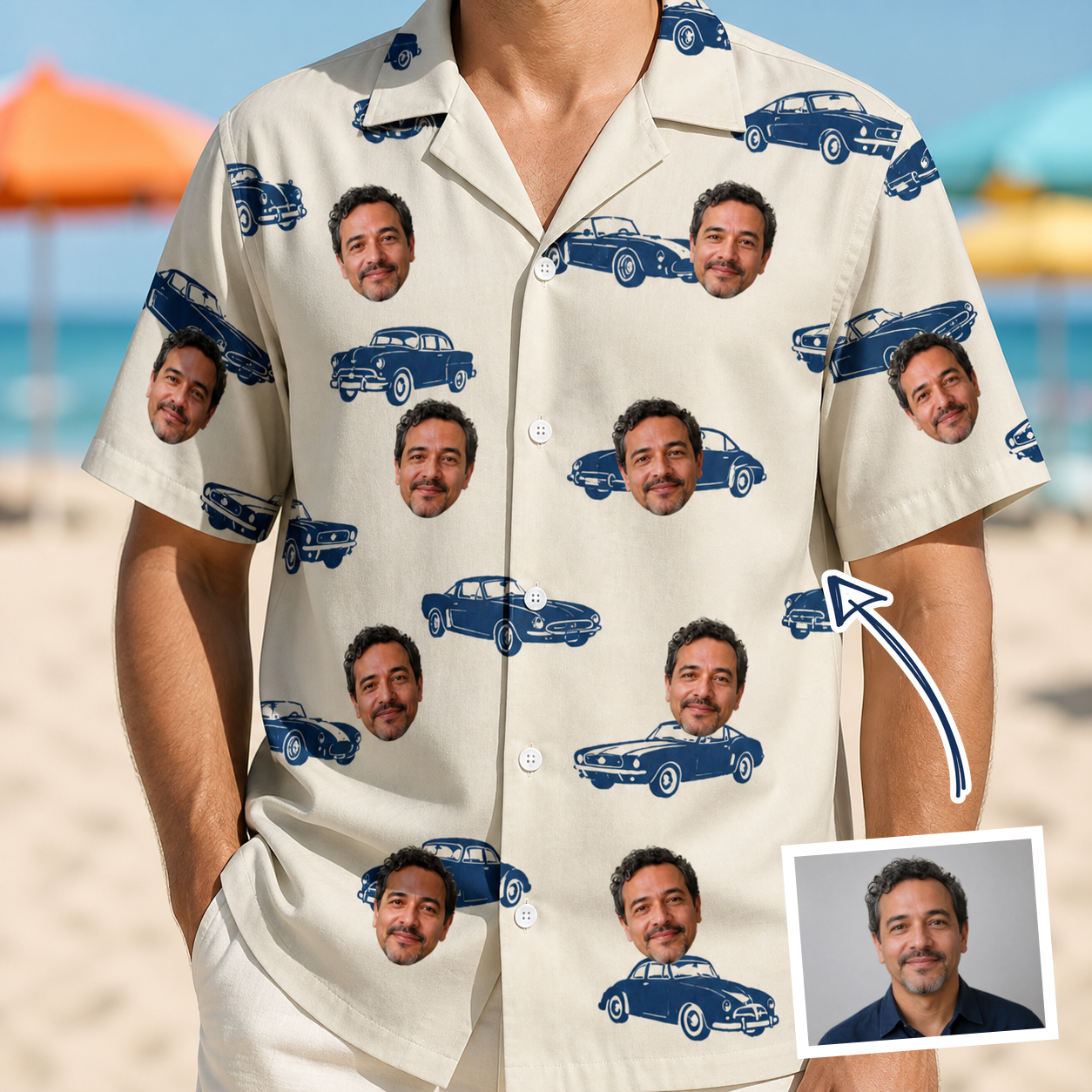 Man wearing Men's Piston Pride Custom Face Hawaiian Shirt — custom faces printed all-over