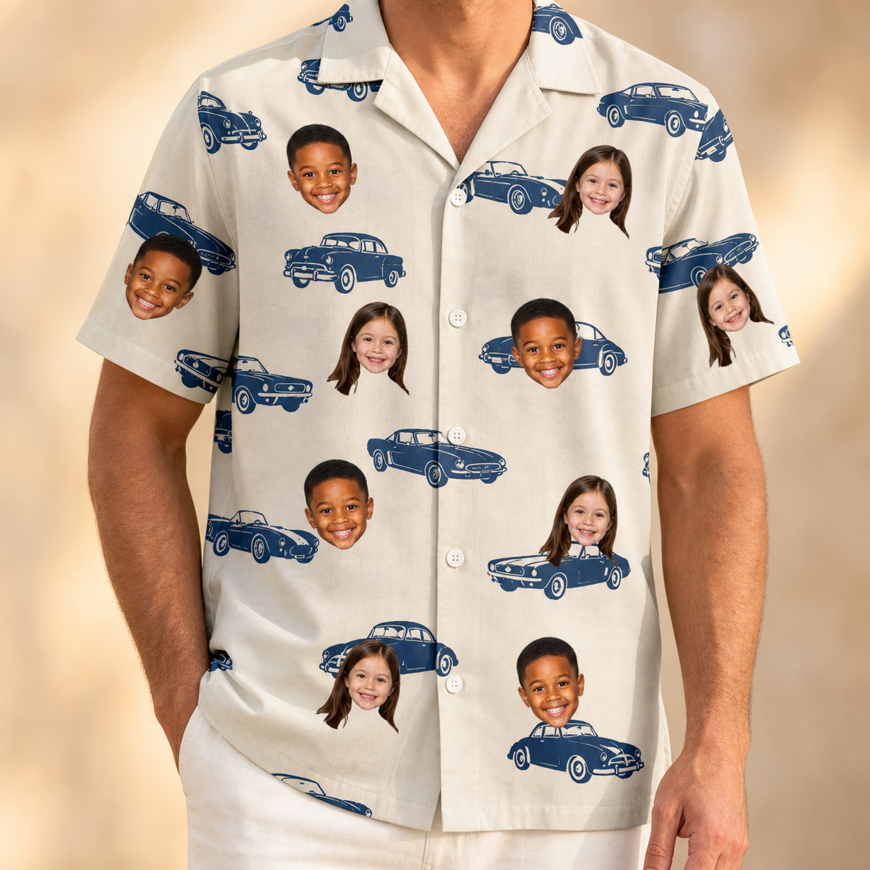 Model wearing Men's Piston Pride Custom Face Hawaiian Shirt printed with kids' faces