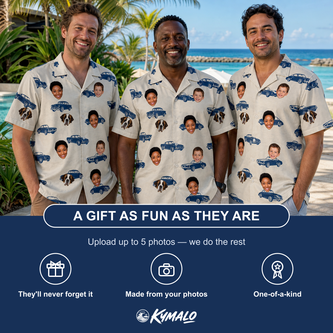 Friends in matching Men's Piston Pride Custom Face Hawaiian Shirt — a group gift photo