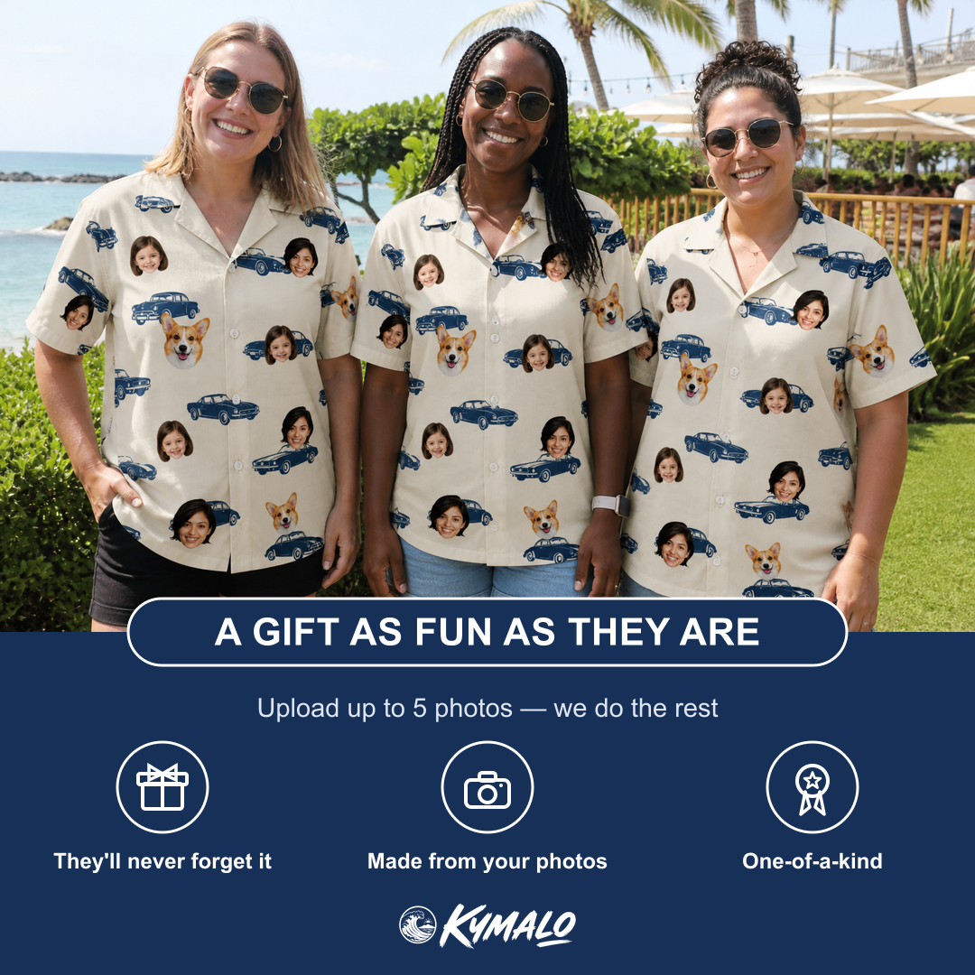 Friends in matching Women's Piston Pride Custom Face Hawaiian Shirt — a group gift photo