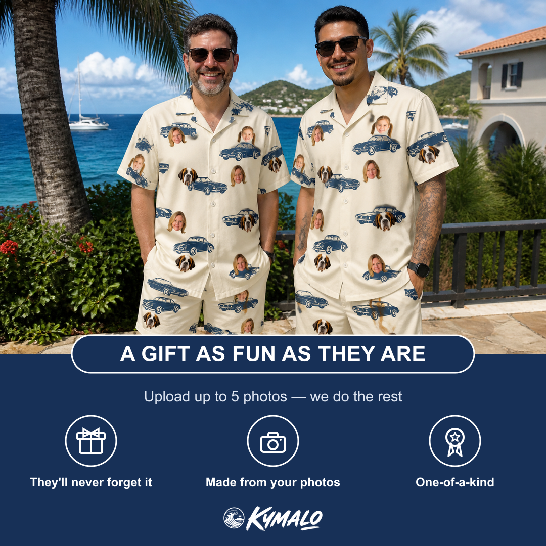 Friends in matching Men's Piston Pride Custom Face Shirt & Shorts Set — a group gift photo