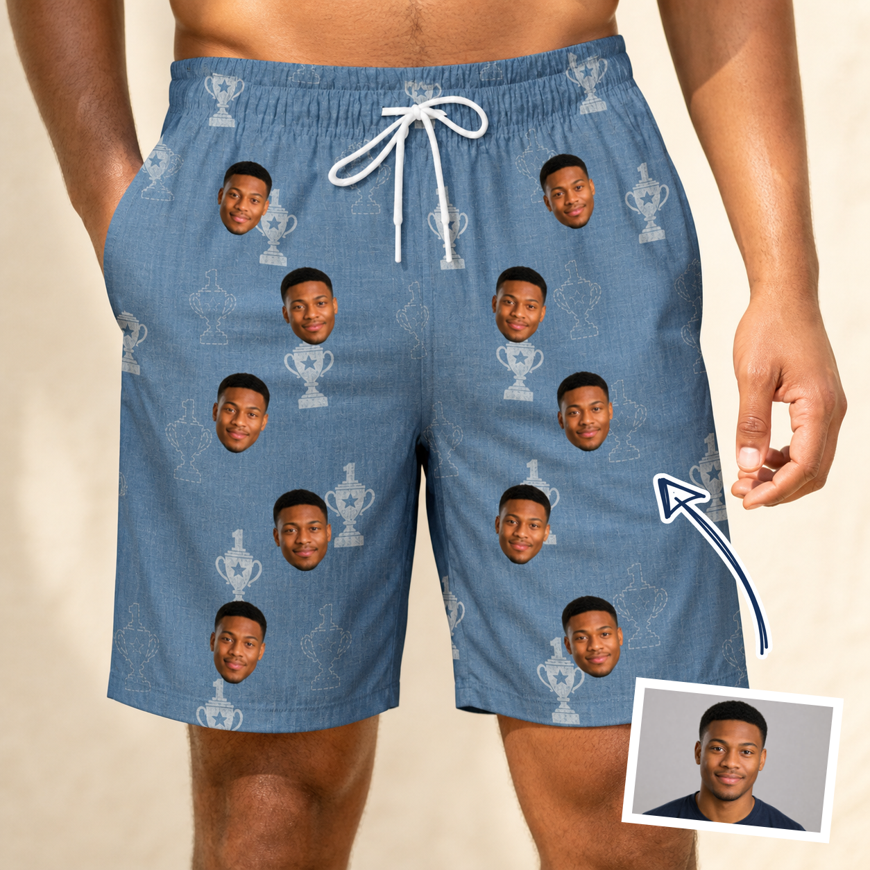 Man wearing Men's Trophy Toppers Custom Face Beach Shorts — custom faces printed all-over