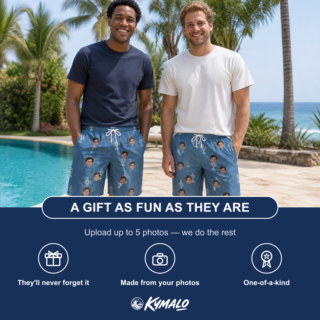 Friends in matching Men's Trophy Toppers Custom Face Beach Shorts — a group gift photo