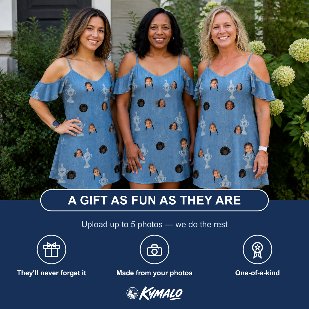 Friends in matching Women's Trophy Toppers Custom Face Off-Shoulder Dress — a group gift photo