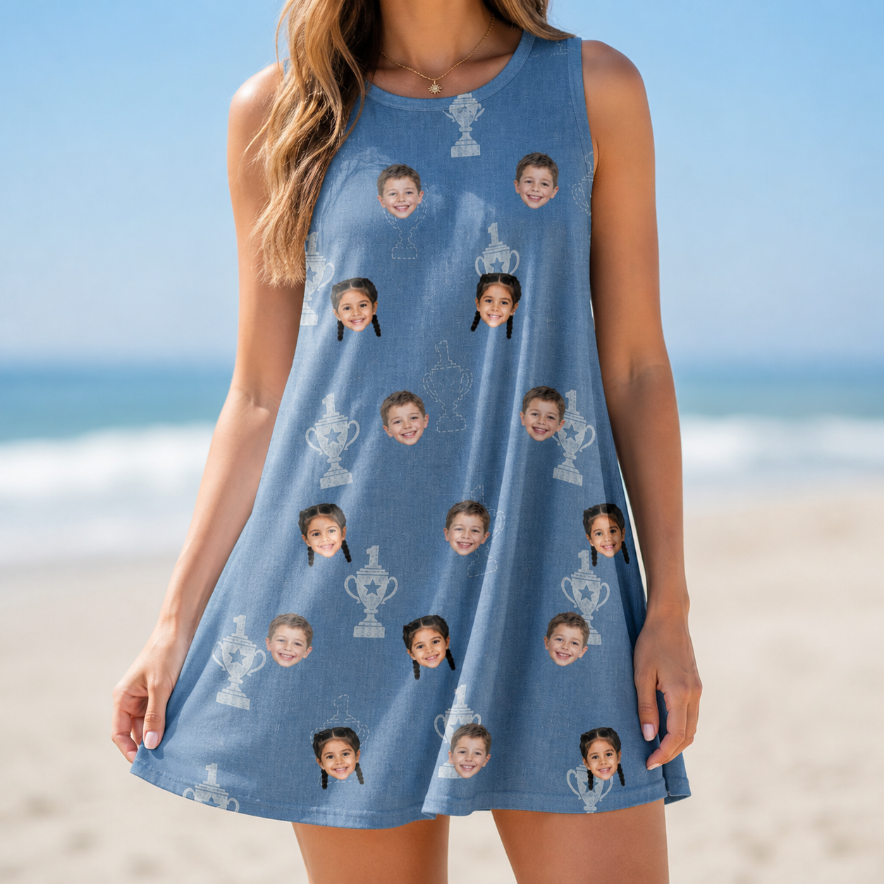 Model wearing Women's Trophy Toppers Custom Face Tank Dress printed with kids' faces